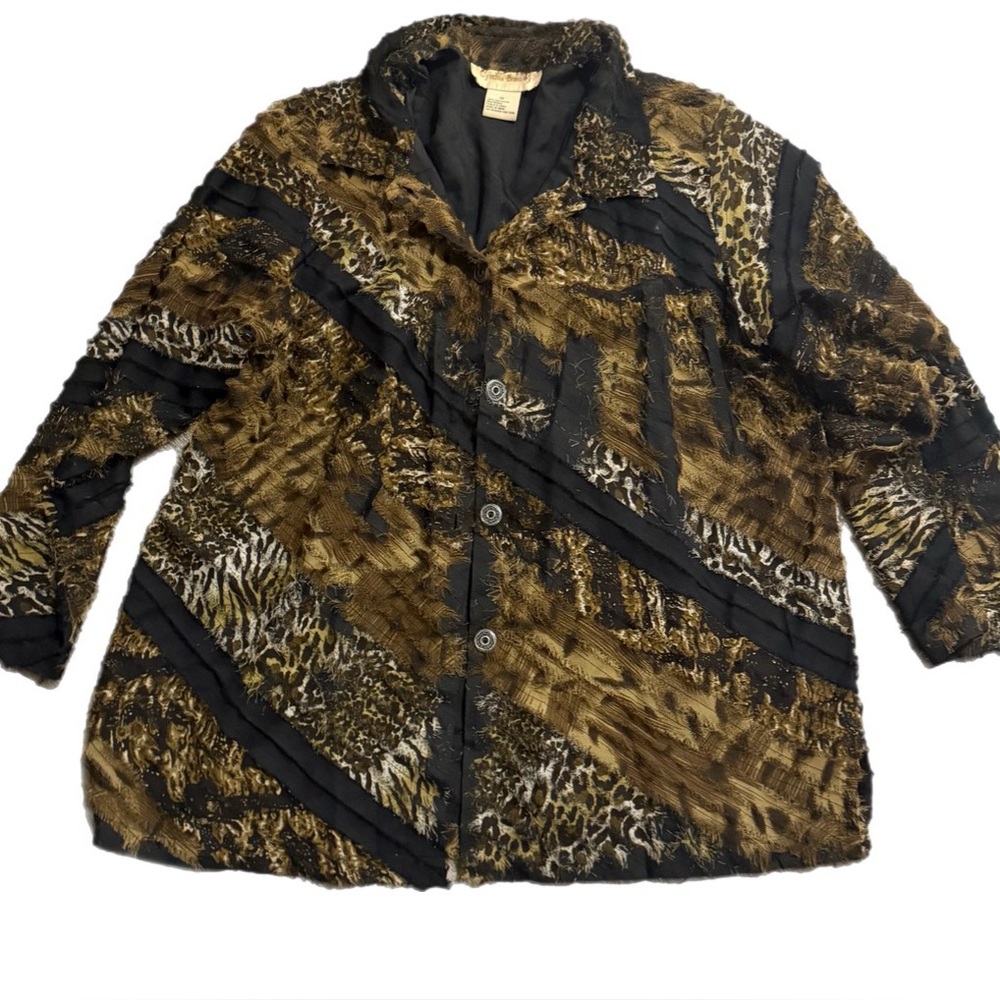 Cynthia Bradley Button Front Shirt Black/Tan/Animal Print Feathered Striped 1X